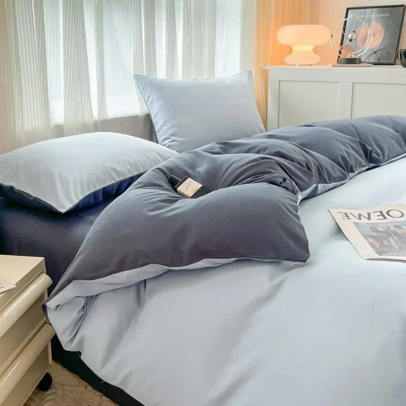 2-side Solid Color Brush Fabric Bed Set 4 Pieces Duvet Cover Pillowcase Bedding Set Bed Sheet Quilt Cover Single Queen King Size