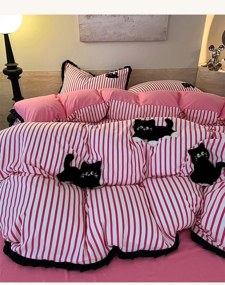 Green Stripe, Black Cat Embroidery Bedding Set