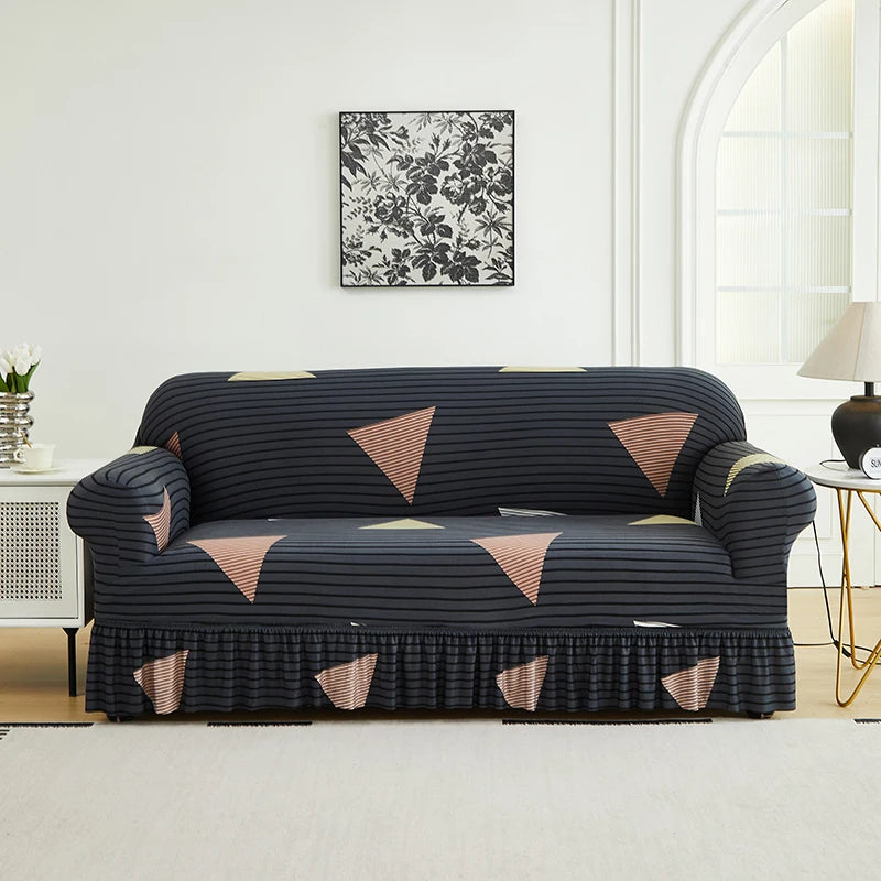 Printed Sofa Cover with Skirt - Full Coverage & Elastic, Multiple Colors