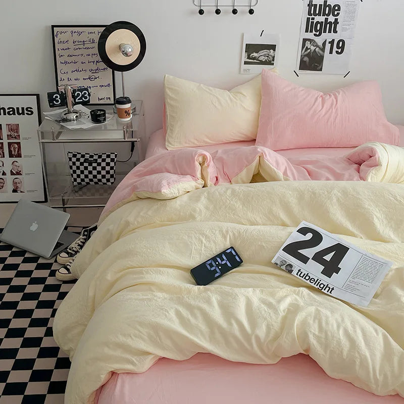 Japanese style solid color dual color washed cotton four piece set with no printed style quilt cover, bed sheet, fitted sheet,