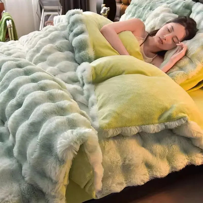 Colorful Rabbit Plush Bed Set with Four Pieces Winter Thick Milk Velvet Duvet Cover Double Sided Velvet Sheet Bedroom Beds Set