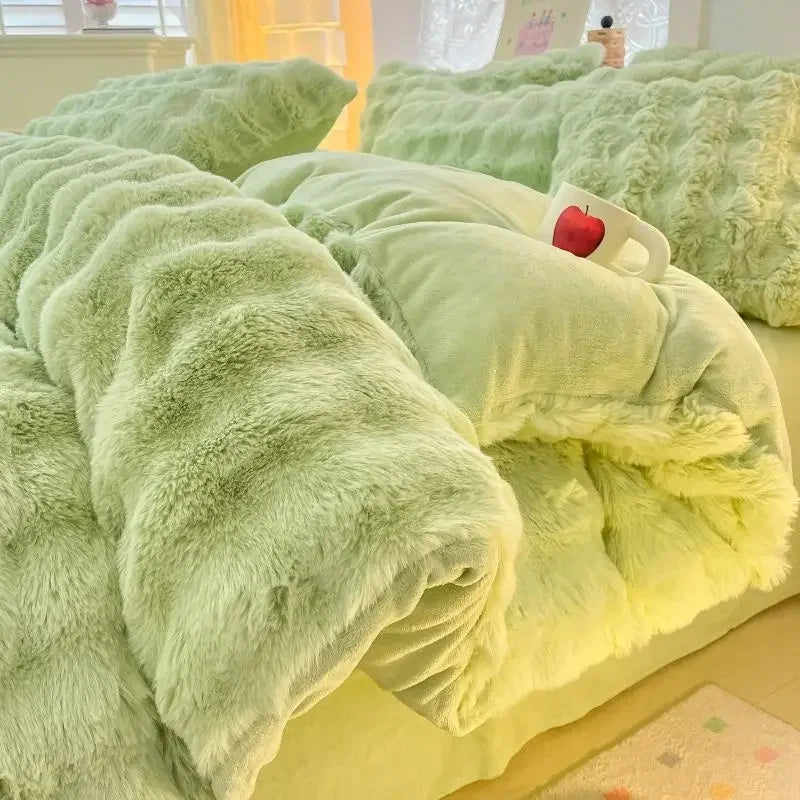 Colorful Rabbit Plush Bed Set with Four Pieces Winter Thick Milk Velvet Duvet Cover Double Sided Velvet Sheet Bedroom Beds Set