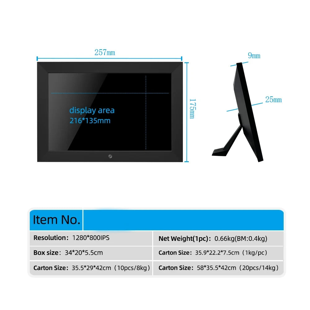 10"Digital Picture Photo Frame IPS Full-View Screen Photo Album 1280*800 Clock Calendar Video Player with Remote Control