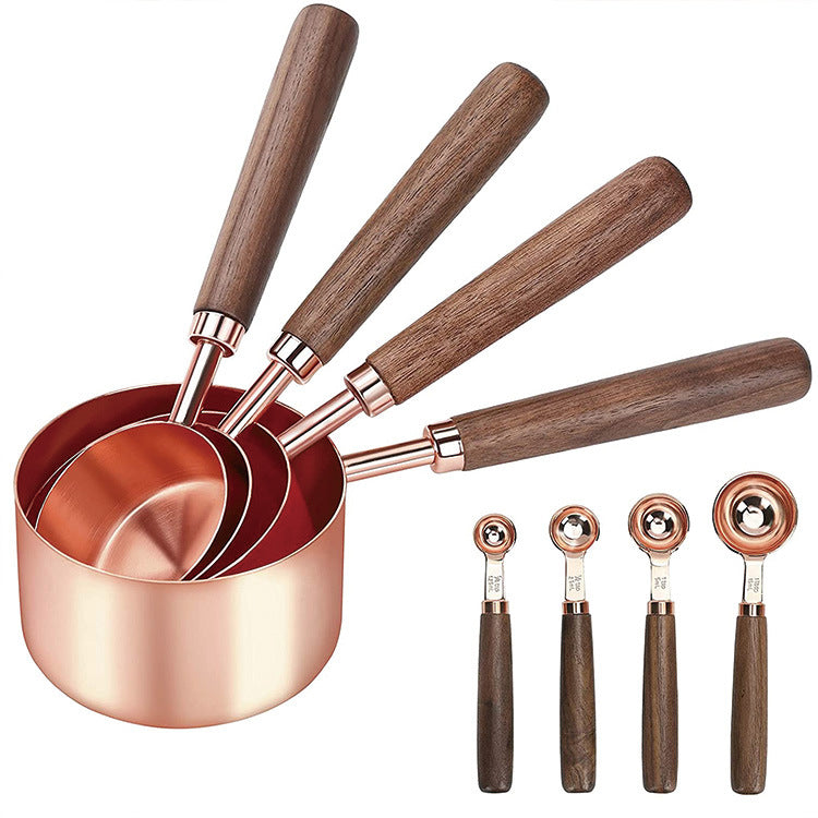 Walnut Handle Copper-Plated Measuring Cup Measuring Spoon Set Kitchen Baking Tools Bartender Measuring Spoon Set