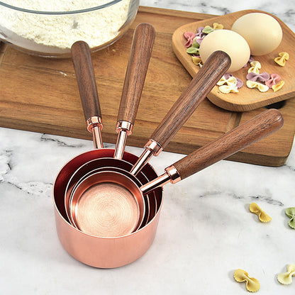 Walnut Handle Copper-Plated Measuring Cup Measuring Spoon Set Kitchen Baking Tools Bartender Measuring Spoon Set
