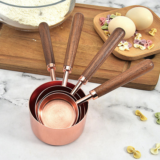 Walnut Handle Copper-Plated Measuring Cup Measuring Spoon Set Kitchen Baking Tools Bartender Measuring Spoon Set
