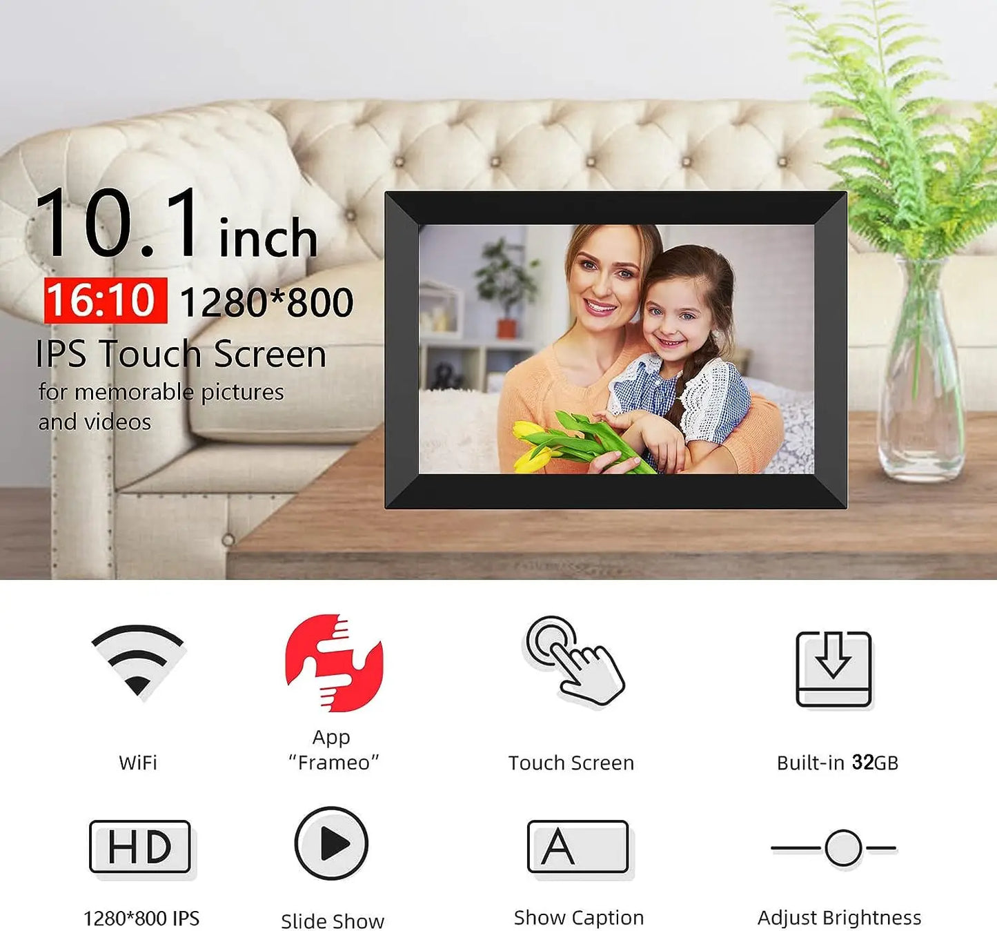 FRAMEO Digital Photo Frame WiFi 32GB 10.1 Inch 1280x800 IPS Touch Screen Digital Picture Frame Easy Setup Share Photo or Video