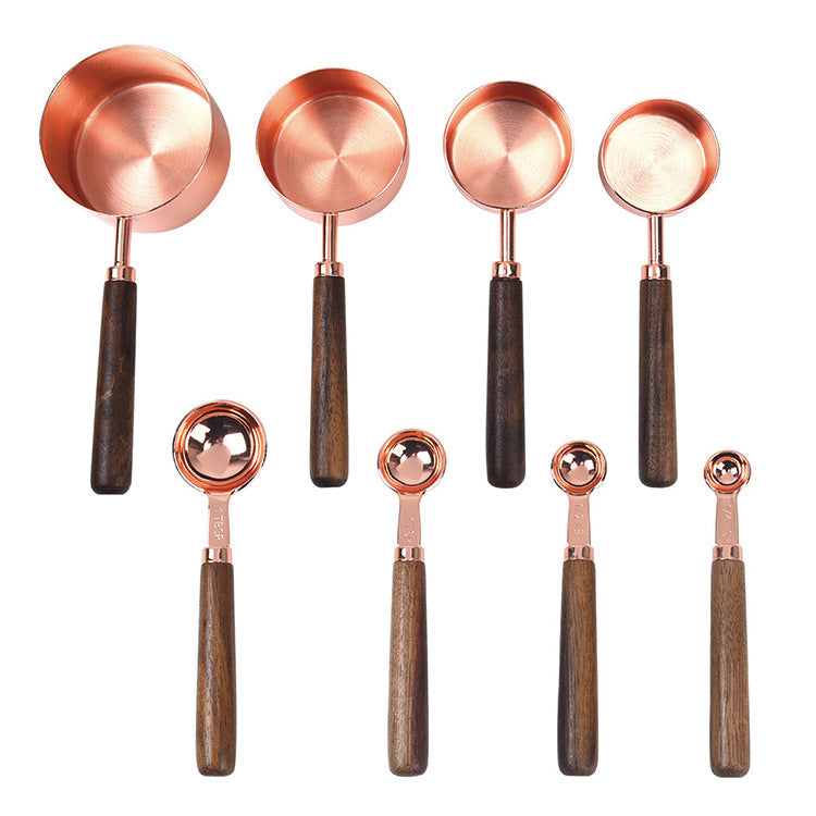 Walnut Handle Copper-Plated Measuring Cup Measuring Spoon Set Kitchen Baking Tools Bartender Measuring Spoon Set