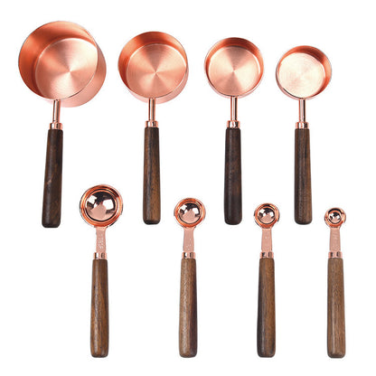 Walnut Handle Copper-Plated Measuring Cup Measuring Spoon Set Kitchen Baking Tools Bartender Measuring Spoon Set