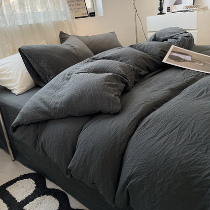 Japanese style solid color dual color washed cotton four piece set with no printed style quilt cover, bed sheet, fitted sheet,