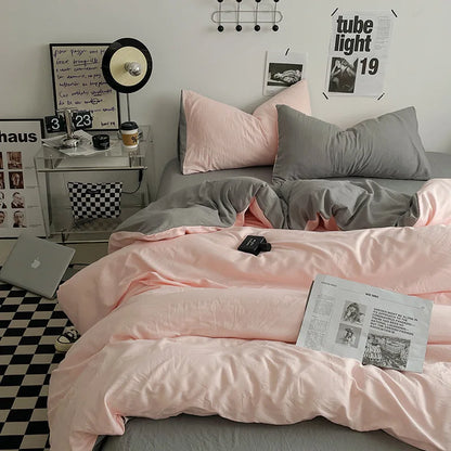 Japanese style solid color dual color washed cotton four piece set with no printed style quilt cover, bed sheet, fitted sheet,