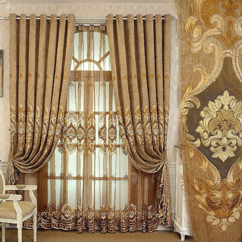 European Brown Chenille Blackout Curtain for Living Room Villa Luxury Flower Embroidery Drapes Room Darkening Thermal Insulated