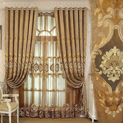 European Brown Chenille Blackout Curtain for Living Room Villa Luxury Flower Embroidery Drapes Room Darkening Thermal Insulated