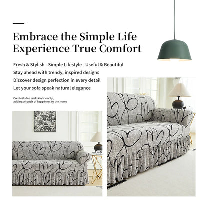 Printed Sofa Cover with Skirt - Full Coverage & Elastic, Multiple Colors
