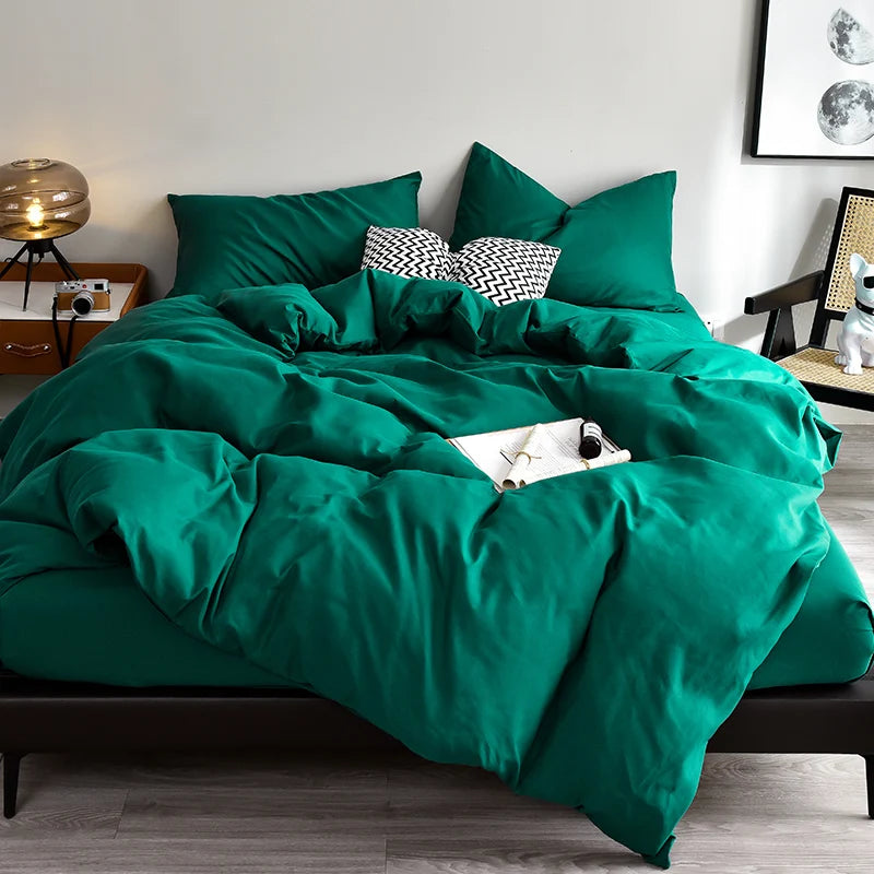 Bed Linen Bedding set Washed Cotton Four-Piece Bed Sheets Set Solid Color Green Simple Bed Quilt Cover Comforter Cover Duvet