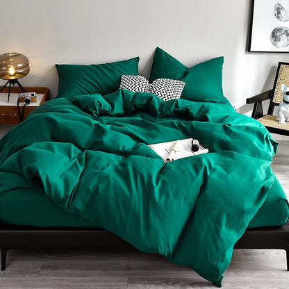 Bed Linen Bedding set Washed Cotton Four-Piece Bed Sheets Set Solid Color Green Simple Bed Quilt Cover Comforter Cover Duvet