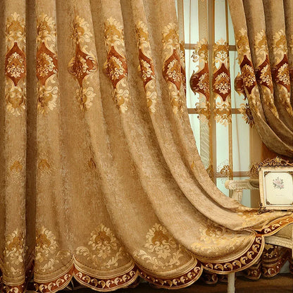 European Brown Chenille Blackout Curtain for Living Room Villa Luxury Flower Embroidery Drapes Room Darkening Thermal Insulated