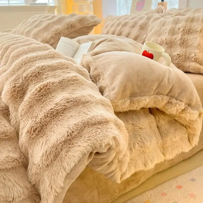 Colorful Rabbit Plush Bed Set with Four Pieces Winter Thick Milk Velvet Duvet Cover Double Sided Velvet Sheet Bedroom Beds Set