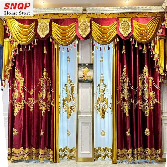 European Red Embroidery Luxury Velvet Curtains for Living Room Blackout Bedroom Tulle Palace Valance Elegant Hall Wedding
