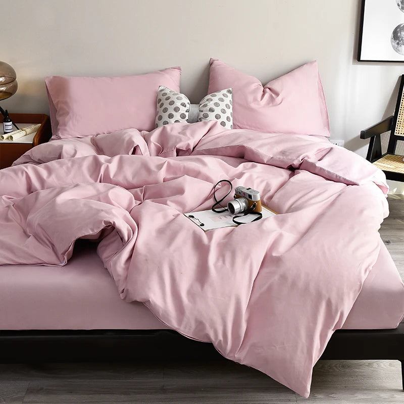 Bed Linen Bedding set Washed Cotton Four-Piece Bed Sheets Set Solid Color Green Simple Bed Quilt Cover Comforter Cover Duvet