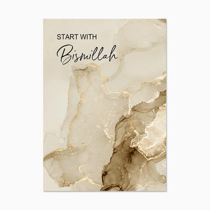 Marble Beige Gold Bismillah Alhamdulilah Islamic Poster Wall Art Canvas Painting Print Picture Modern Living Room Interior Decor