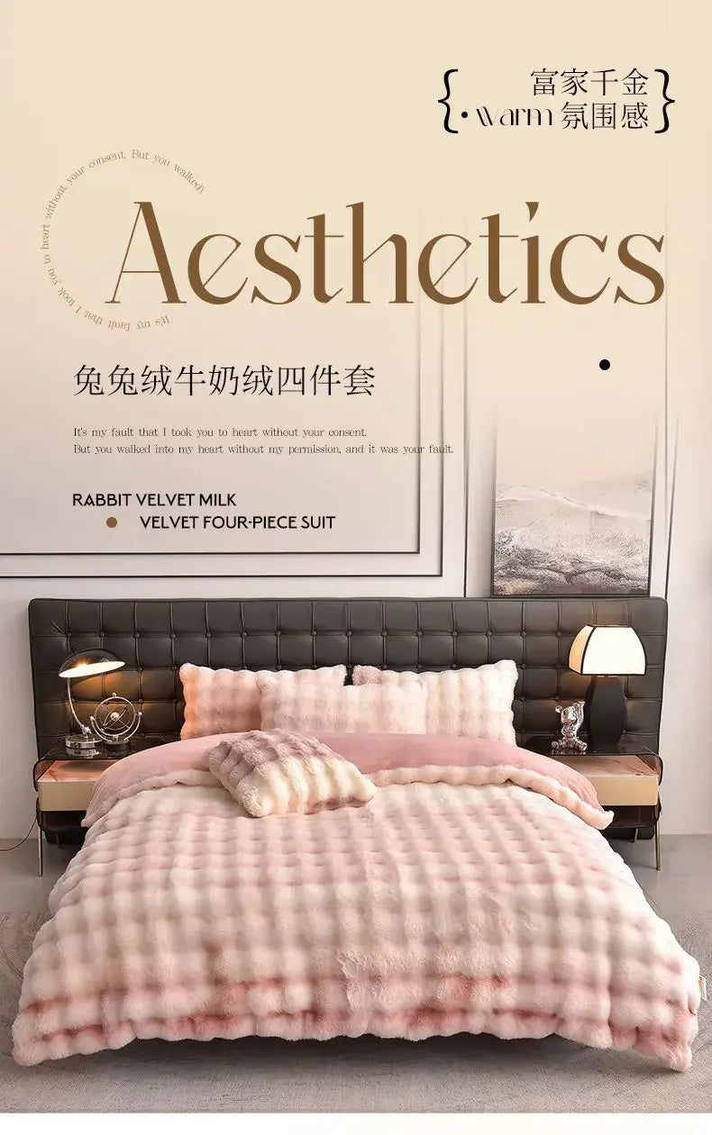Colorful Rabbit Plush Bed Set with Four Pieces Winter Thick Milk Velvet Duvet Cover Double Sided Velvet Sheet Bedroom Beds Set