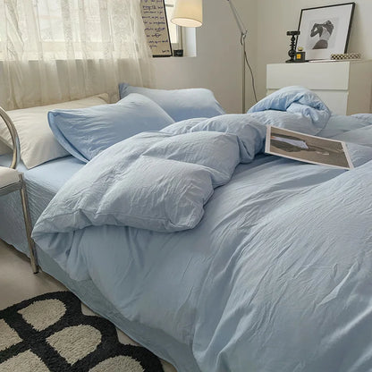 Japanese style solid color dual color washed cotton four piece set with no printed style quilt cover, bed sheet, fitted sheet,