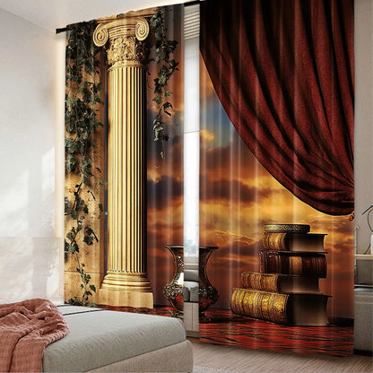 2Pcs Gothic Curtains Greek Style Scene Columns With Vines And Red Curtain Sunset Suitable For Bedroom Bathroom Living Room