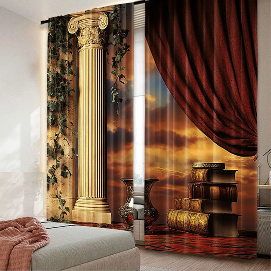 2Pcs Gothic Curtains Greek Style Scene Columns With Vines And Red Curtain Sunset Suitable For Bedroom Bathroom Living Room
