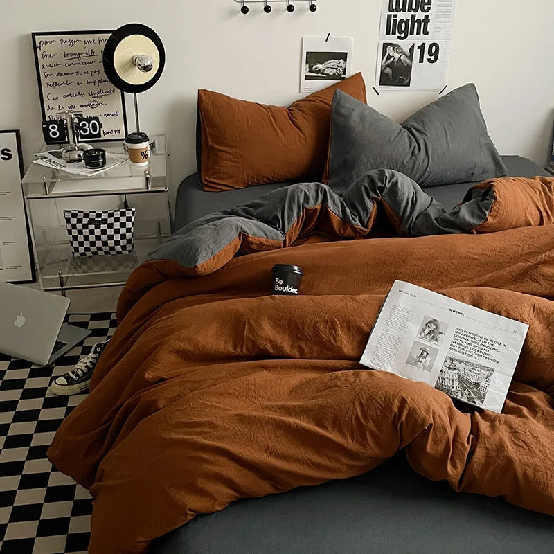 Japanese style solid color dual color washed cotton four piece set with no printed style quilt cover, bed sheet, fitted sheet,