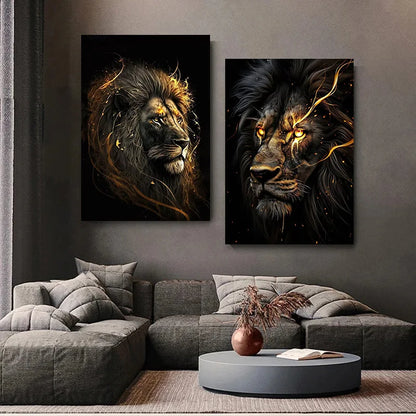 Black and Golden Light Lion Posters Modern Animal Canvas Painting HD Pictures Wall Art for Living Room Home Decoration No Frame