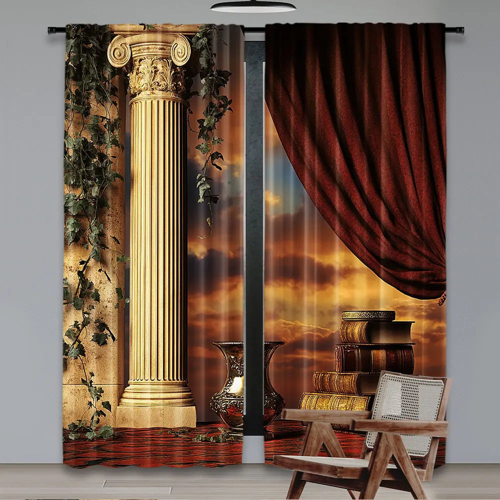 2Pcs Gothic Curtains Greek Style Scene Columns With Vines And Red Curtain Sunset Suitable For Bedroom Bathroom Living Room