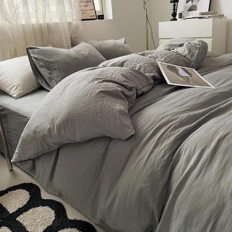 Japanese style solid color dual color washed cotton four piece set with no printed style quilt cover, bed sheet, fitted sheet,