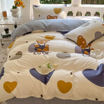 Kawaii Bear Printed Bed Set Floral Duvet Cover Pillowcase Bedding Set Cute Dinosaur Bed Linen Sheet Quilt Full Queen King Size