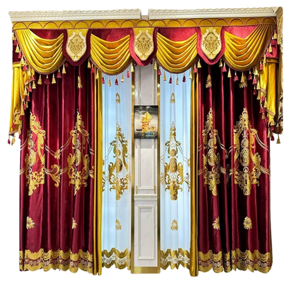 European Red Embroidery Luxury Velvet Curtains for Living Room Blackout Bedroom Tulle Palace Valance Elegant Hall Wedding