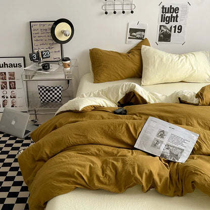Japanese style solid color dual color washed cotton four piece set with no printed style quilt cover, bed sheet, fitted sheet,