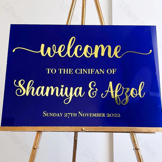 Wedding Welcome Sign Sticker Champane Mirror Gold Customized Wedding Party Welcome Vinyl Stickers for Wedding Bridal Shower Deco