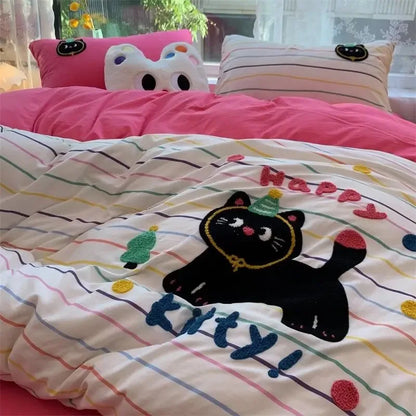 Green Stripe, Black Cat Embroidery Bedding Set