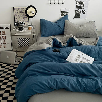 Japanese style solid color dual color washed cotton four piece set with no printed style quilt cover, bed sheet, fitted sheet,