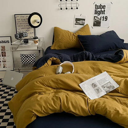 Japanese style solid color dual color washed cotton four piece set with no printed style quilt cover, bed sheet, fitted sheet,