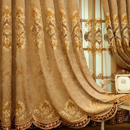 European Brown Chenille Blackout Curtain for Living Room Villa Luxury Flower Embroidery Drapes Room Darkening Thermal Insulated