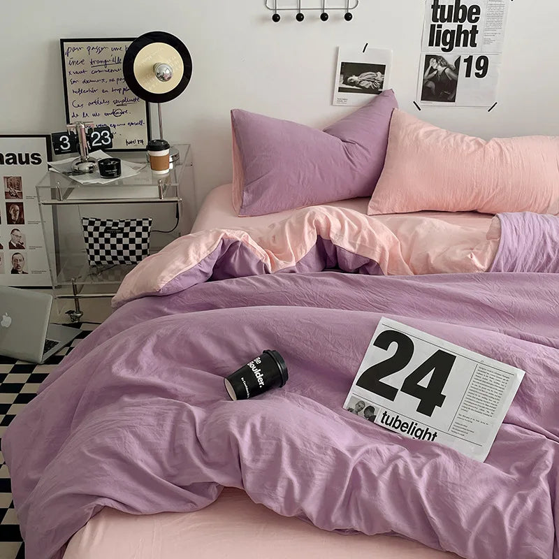 Japanese style solid color dual color washed cotton four piece set with no printed style quilt cover, bed sheet, fitted sheet,
