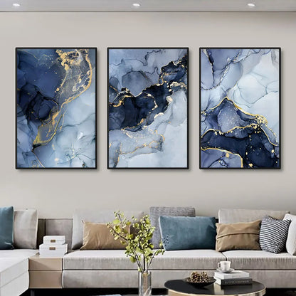 3pcs Modern Gold Blue Marble Wall Art Posters Abstract Canvas Painting Prints Pictures Living Room Interior Home Decoration