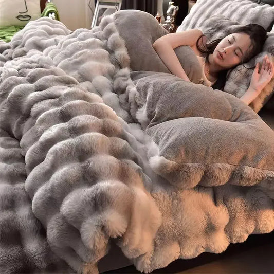 Colorful Rabbit Plush Bed Set with Four Pieces Winter Thick Milk Velvet Duvet Cover Double Sided Velvet Sheet Bedroom Beds Set
