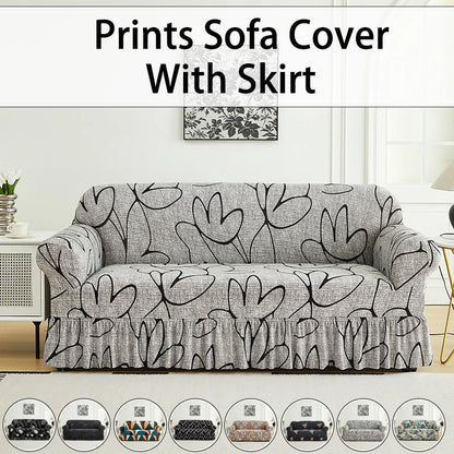 Printed Sofa Cover with Skirt - Full Coverage & Elastic, Multiple Colors