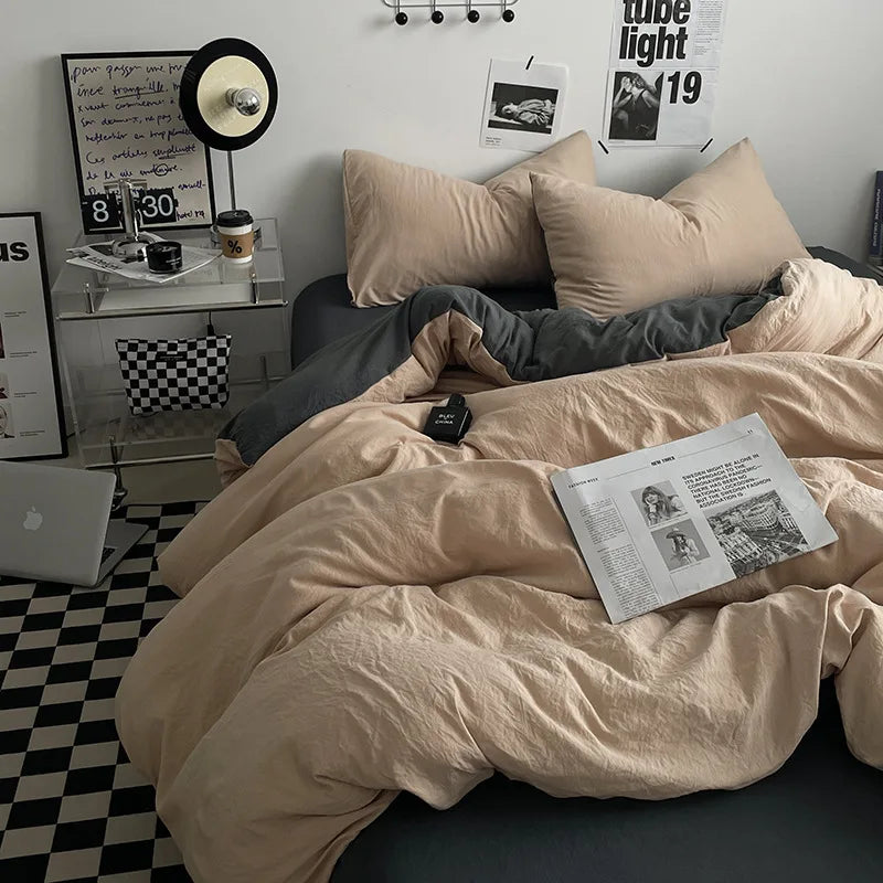 Japanese style solid color dual color washed cotton four piece set with no printed style quilt cover, bed sheet, fitted sheet,