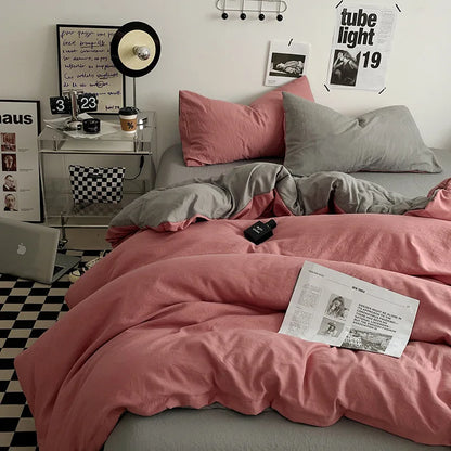 Japanese style solid color dual color washed cotton four piece set with no printed style quilt cover, bed sheet, fitted sheet,