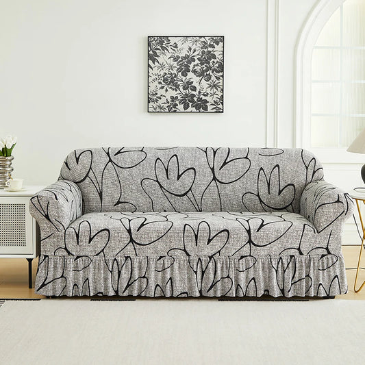 Printed Sofa Cover with Skirt - Full Coverage & Elastic, Multiple Colors
