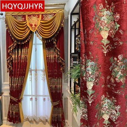 European top luxury red jacquard blackout curtains for living room high-quality decorative villa curtains for bedroom apartments