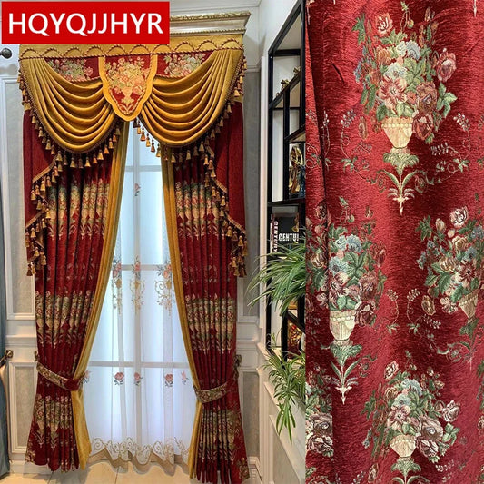 European top luxury red jacquard blackout curtains for living room high-quality decorative villa curtains for bedroom apartments